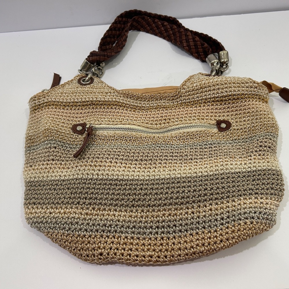 The Sak Shoulder Bag Medium Brown Embroidered Crochet Purse Leather Straps